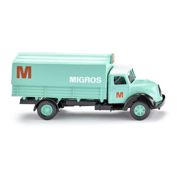 Wiking H0 Magirus Sirius Lastwagen mit Pritsche "Migros", mintgr&uuml;n