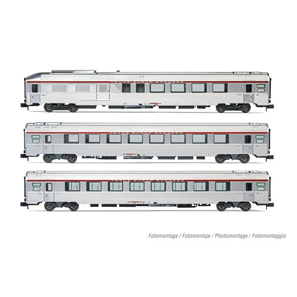 Arnold N DC 3er-Personenwagenset TEE Cisalpin, SNCF, Mailand &ndash; Paris 2/2 A4Dtux + A8u + A8tu silbrig, Ep. IV
