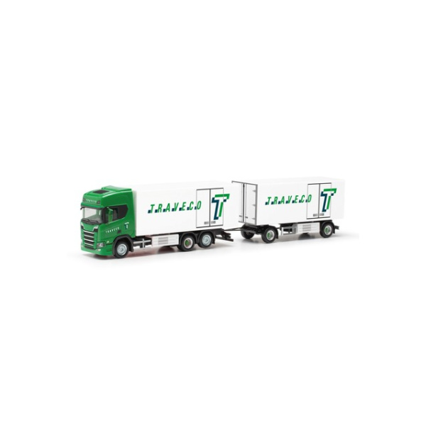 Herpa H0 Scania CR20 HD K&uuml;hlkoffer-H&auml;ngerzug "Traveco" (Schweiz/Sursee)