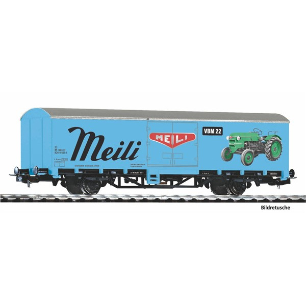 PIKO H0 DC Gedeckter G&uuml;terwagen "MEILI Traktoren", hellblau