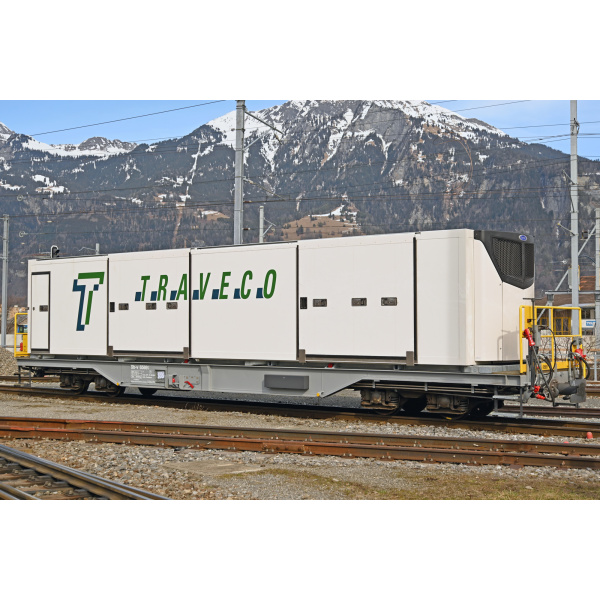 BEMO H0m Tragwagen mit Klimacontainer Sb-v 65691 RhB, "Traveco"