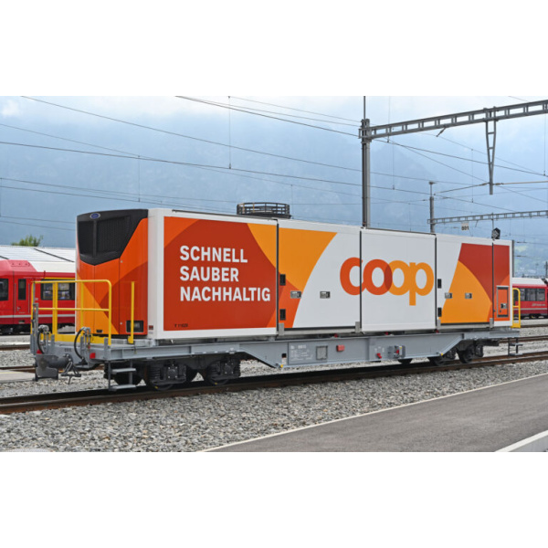 BEMO H0m Tragwagen Sb 65615 RhB, Container "COOP"
