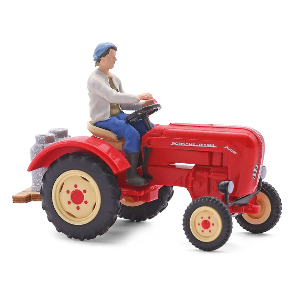 BUSCH H0 Traktor Porsche Junior K mit B&auml;uerin und Milchkannen
