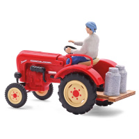 BUSCH H0 Traktor Porsche Junior K mit B&auml;uerin und Milchkannen