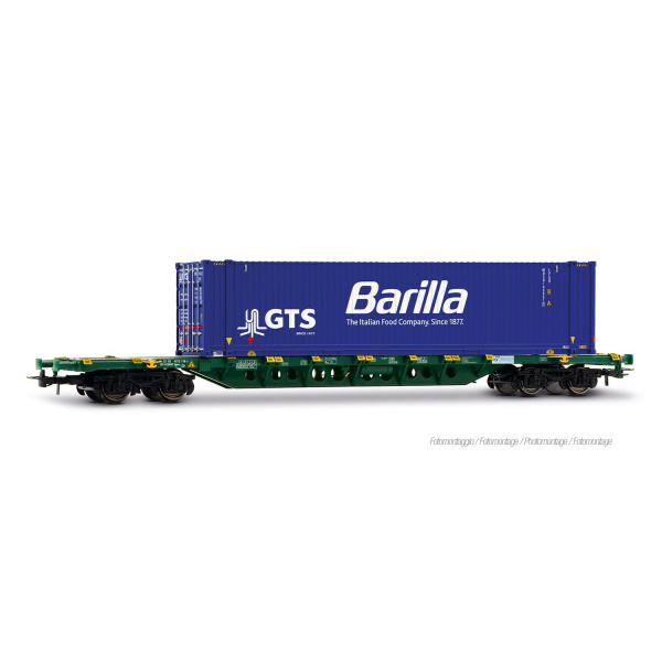 Rivarossi H0 DC 4-achsiger Containerwagen Sgnss gr&uuml;n, Mercitalia Intermodal, mit 45-Cont. GTS Barilla, Ep. VI
