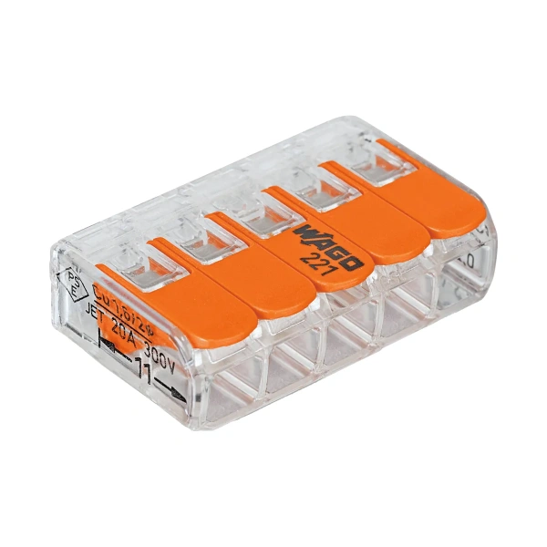 Verbindungsklemme WAGO 221 5&times;0.2&hellip;4mm&sup2; Hebel 32A 450V orange transparent